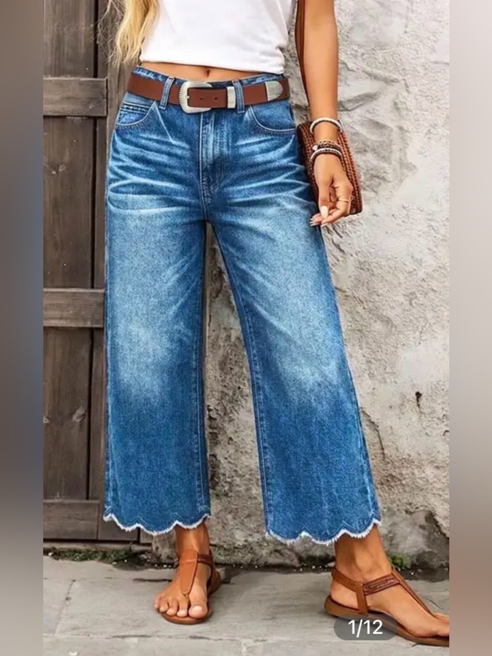 Flamingals Scallop Hem Raw Hem Mid Waist Wide Leg Crop Jeans